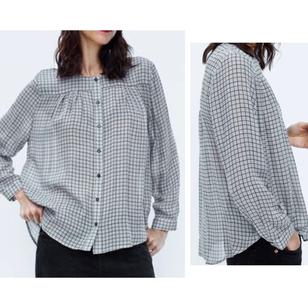 Zara Pleated Plaid Blouse Size L